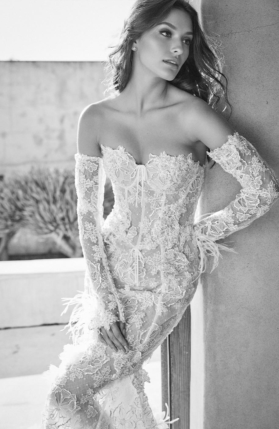 Model wearing a white gown - black and white image